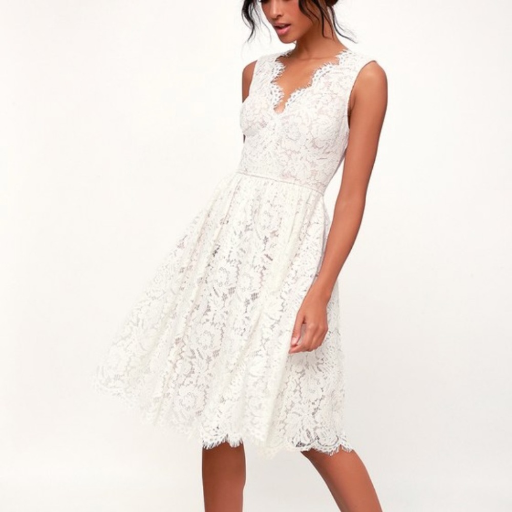 Lulu’s Love Swept White Lace Midi Skater Dress